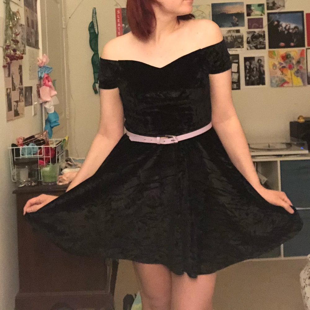 Black crushed velvet mini dress babydoll neckline